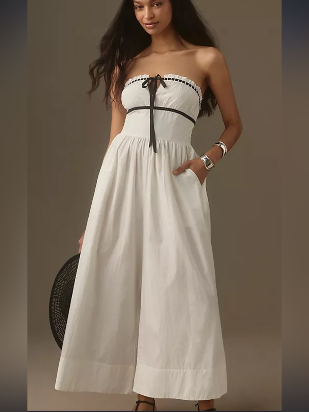 Anthropologie White Strapless Wide-Leg Jumpsuit with Black Trim